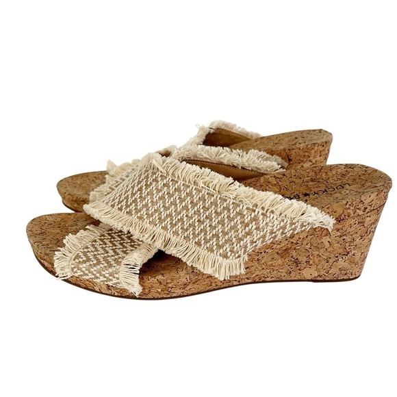 Lucky Brand Sandals Women's Sz 10 Khillian Stone Open Toe Woven Cork Wedge Slide - Picture 8 of 9